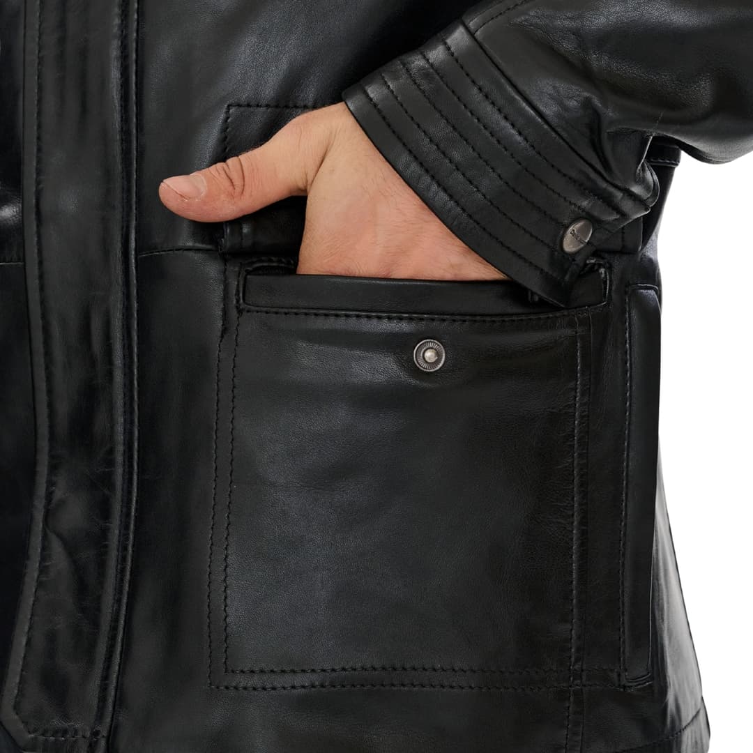 Mens Sheepskin Black Leather Trucker Jacket