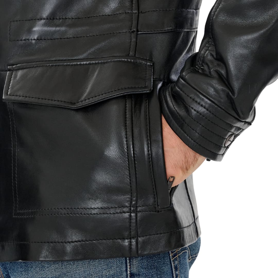 Mens Sheepskin Black Leather Trucker Jacket