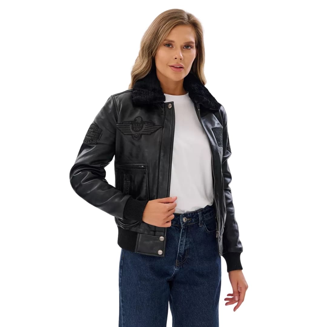 Black Leather Bomber Jacket Women