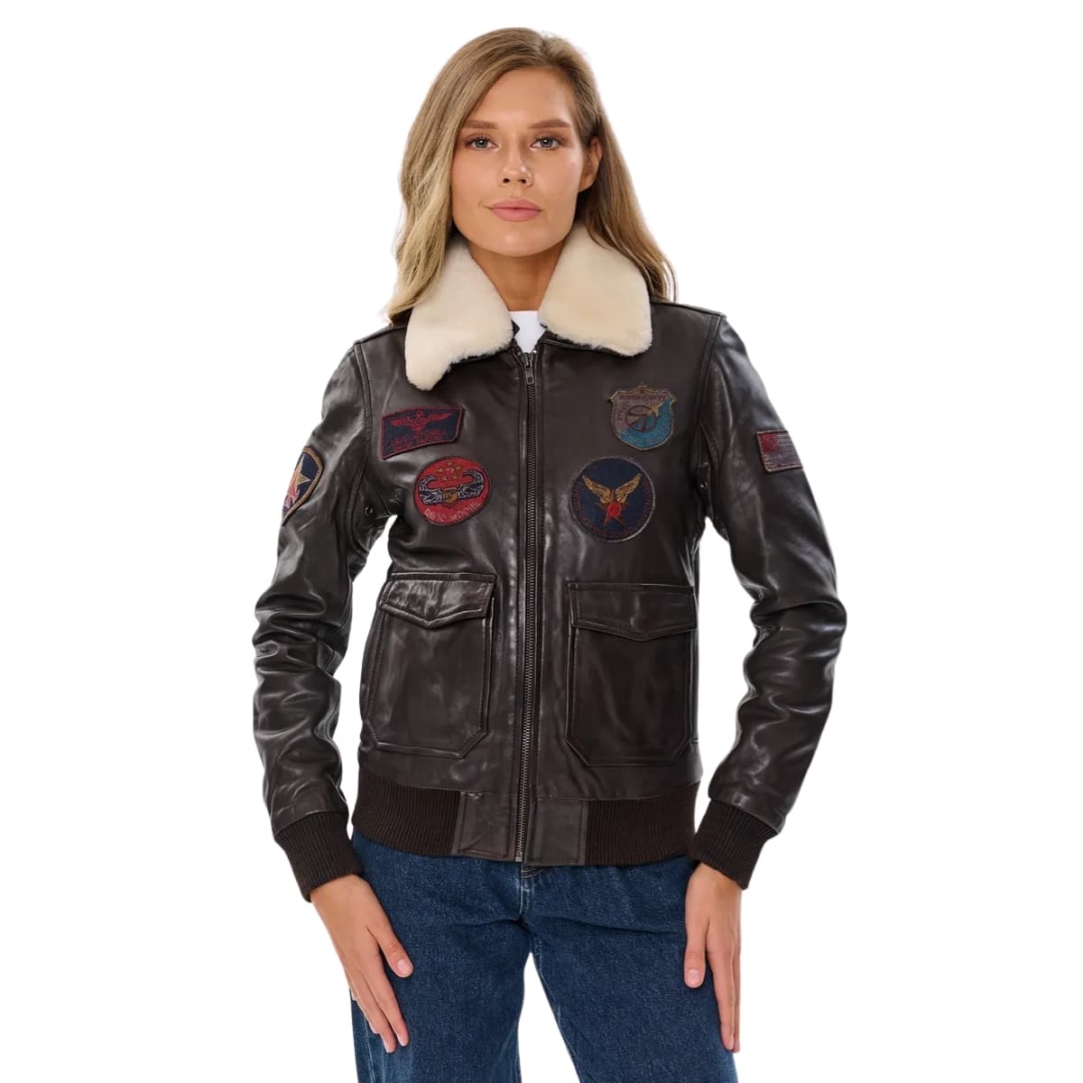 Vintage Brown Women's Aviator Bomber Jacket With Fur Collar