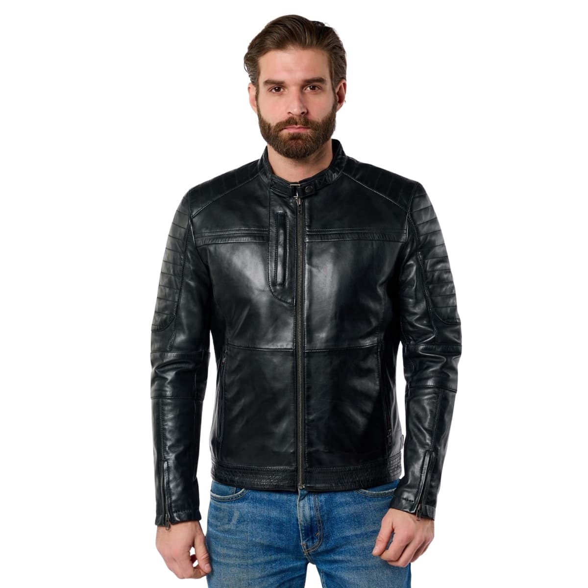 Mens Cafe Racer Black Leather Biker Jacket