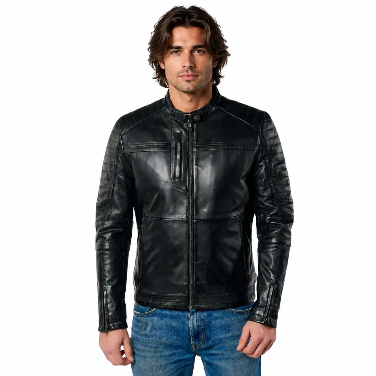 Mens Cafe Racer Black Leather Biker Jacket