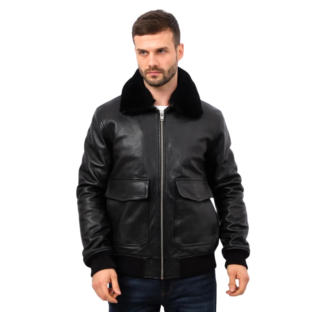 Mens Black Aviator Leather Bomber Jacket