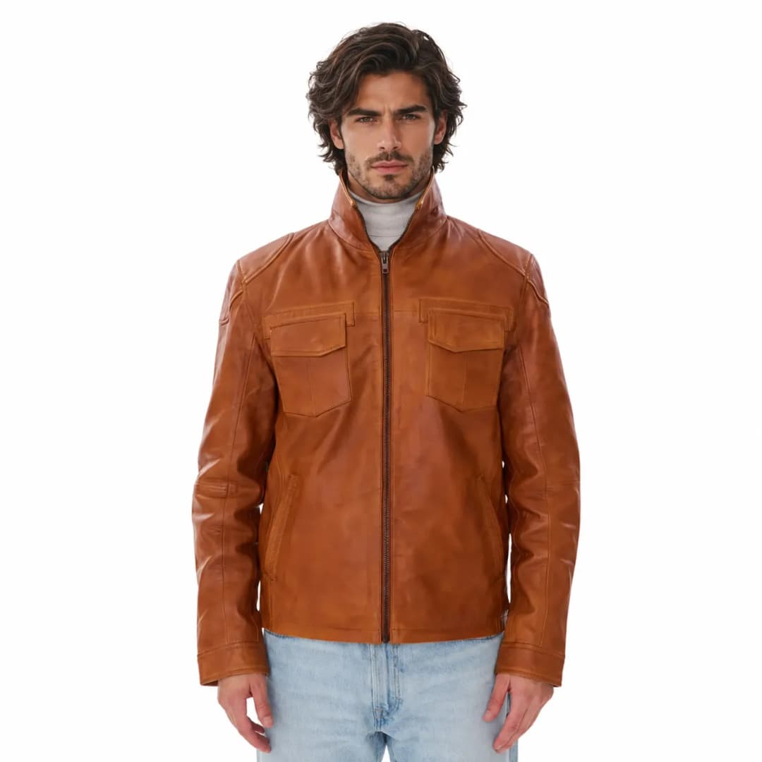 Mens Brown Leather Trucker Jacket_1