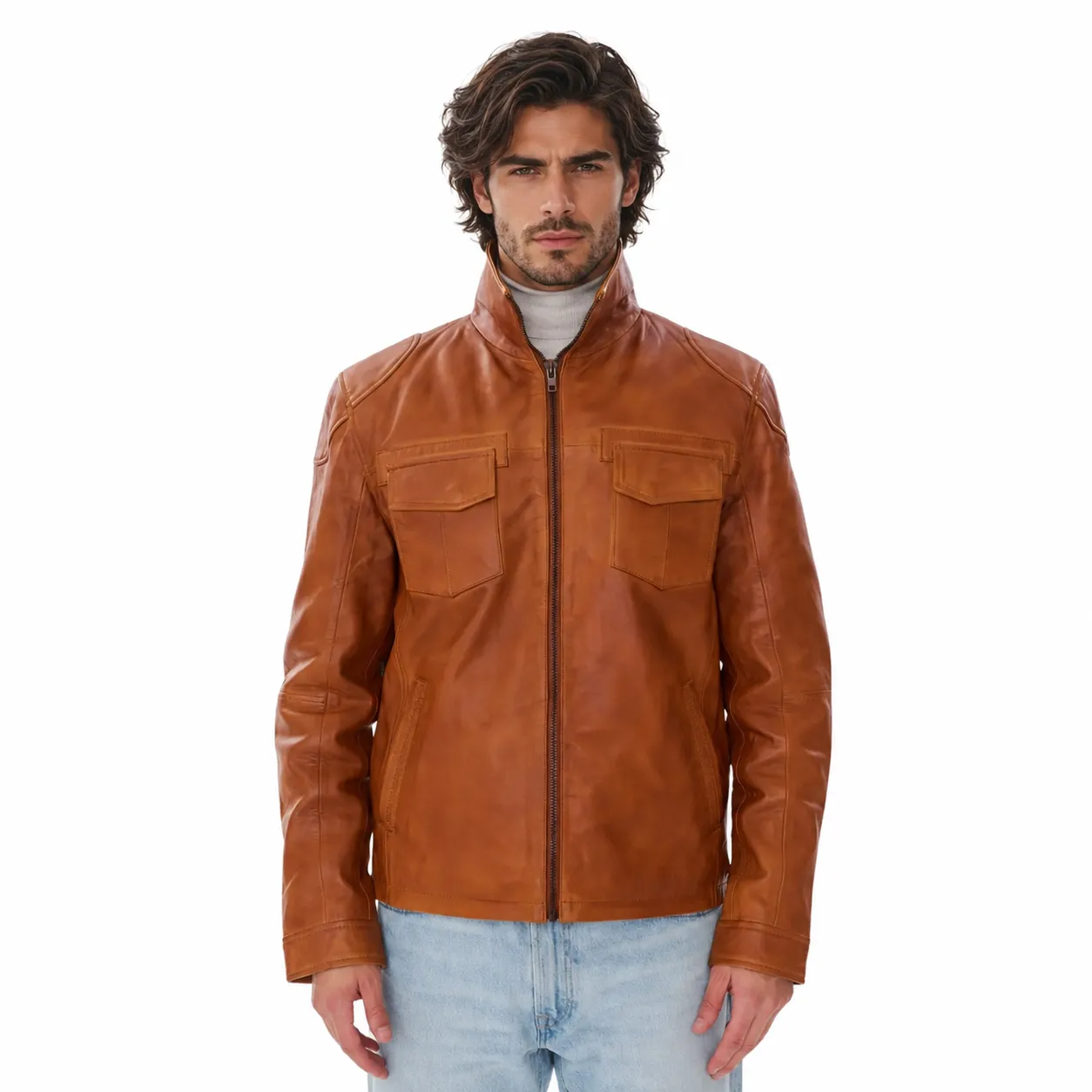 Mens Brown Leather Trucker Jacket
