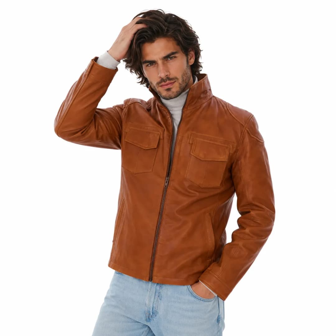Mens Brown Leather Trucker Jacket_2