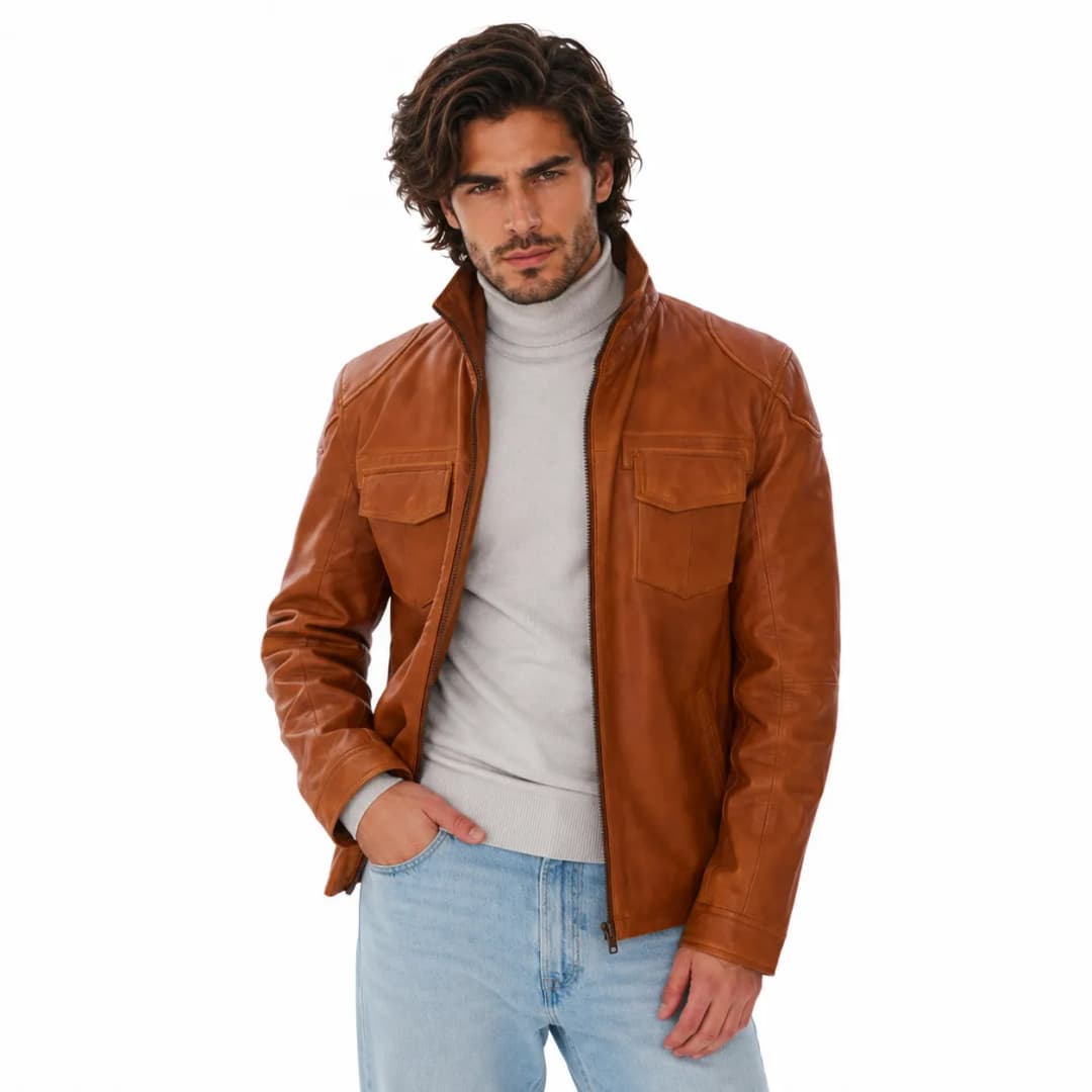 Mens Brown Leather Trucker Jacket_3