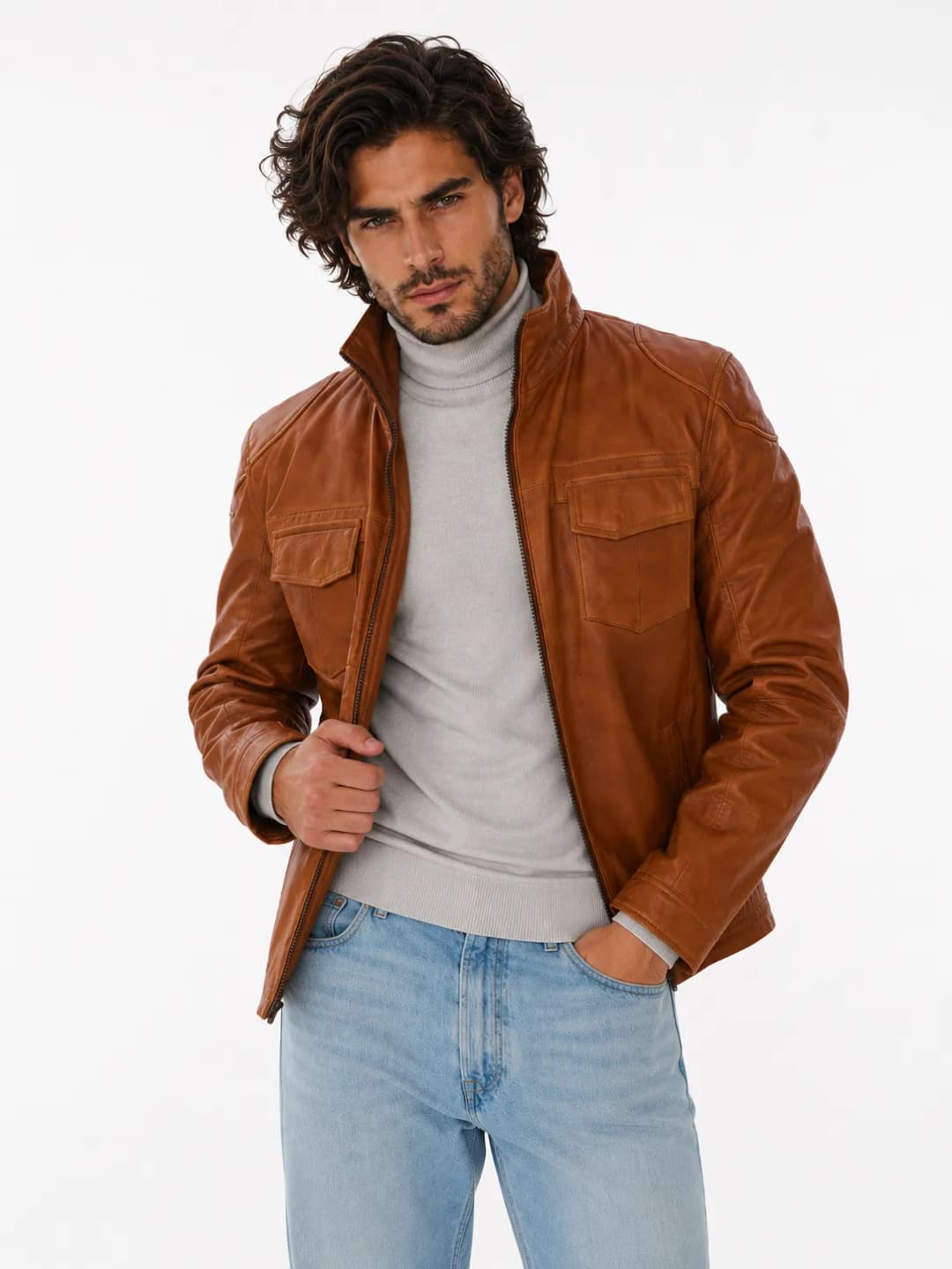 Mens Brown Leather Trucker Jacket_4