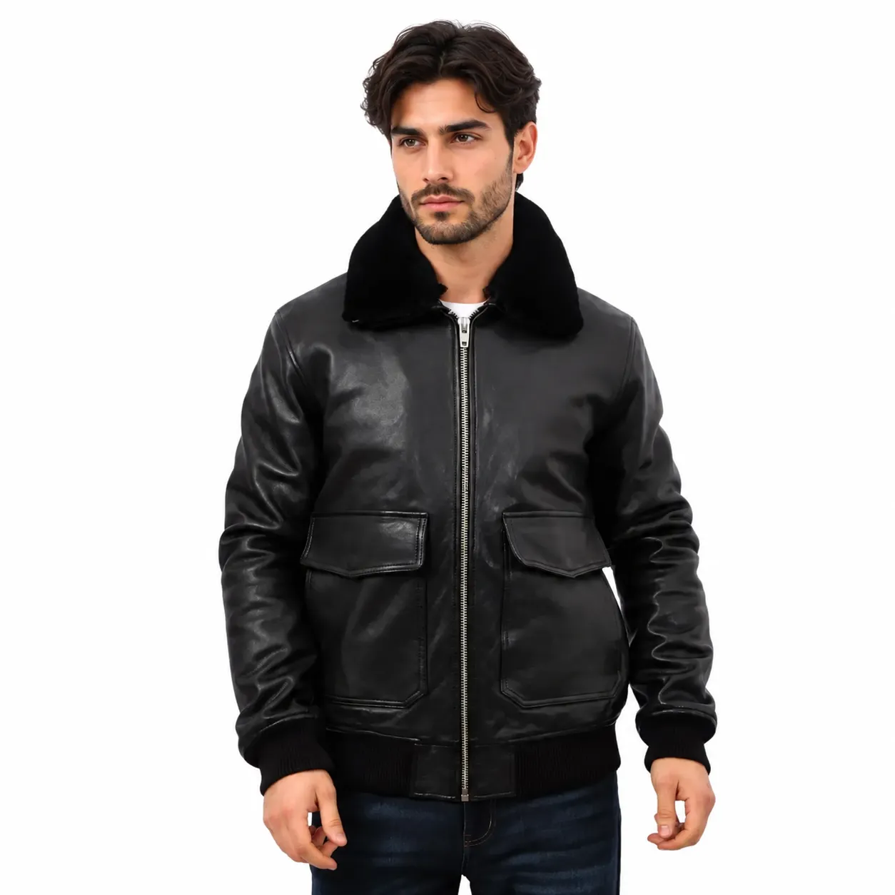 Mens Black Aviator Leather Bomber Jacket with Fur Collar
