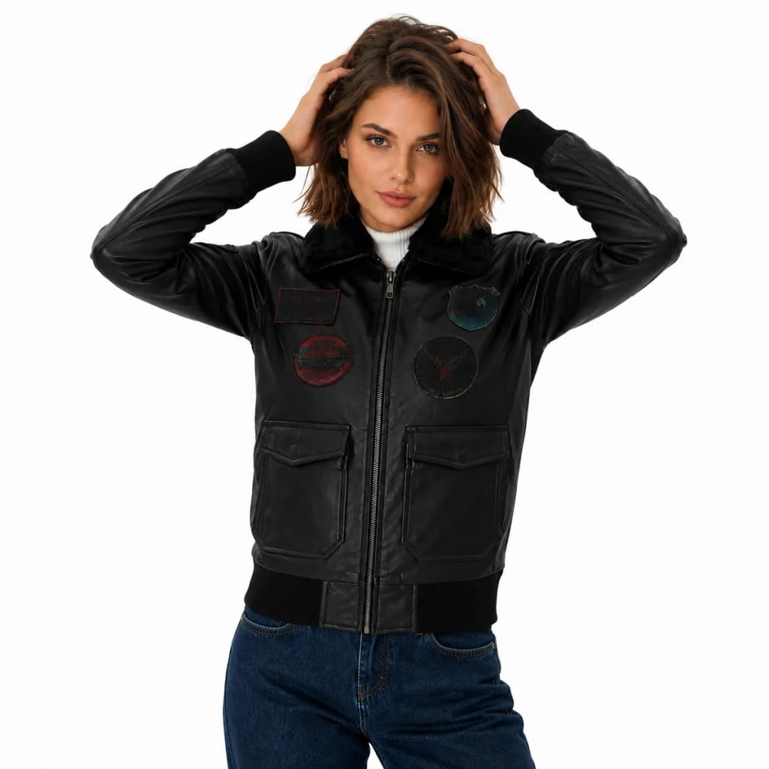 Womens Black Leather Flight Bomber Jacket-2