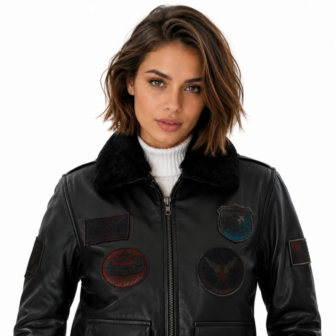 Womens Black Leather Flight Bomber Jacket-3