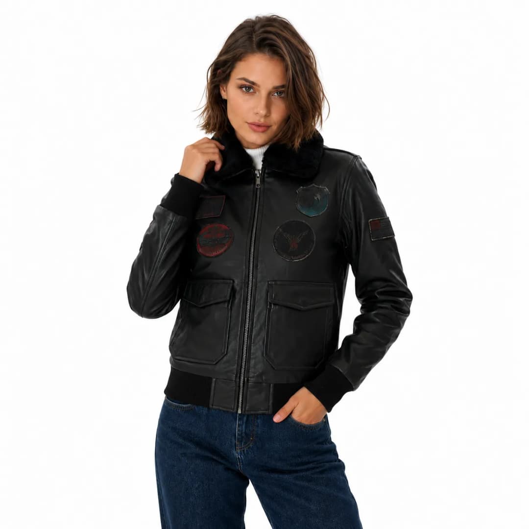 Womens Black Leather Flight Bomber Jacket-4