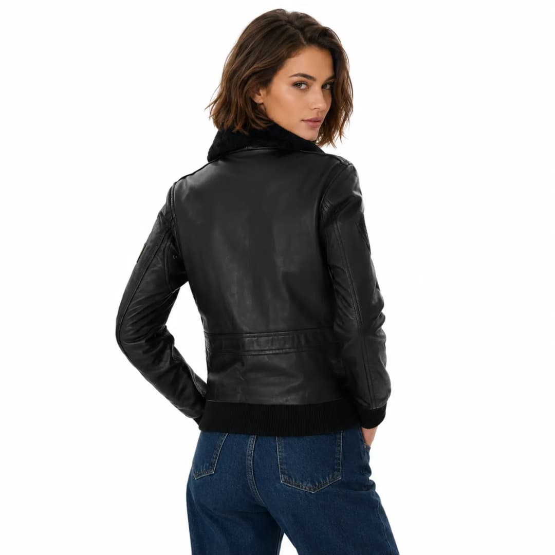 Womens Black Leather Flight Bomber Jacket-5