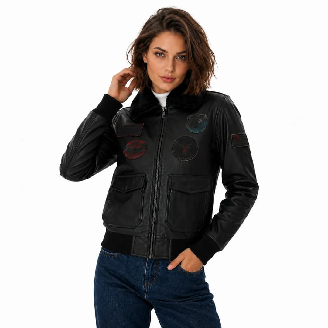 Womens Black Leather Flight Bomber Jacket-6
