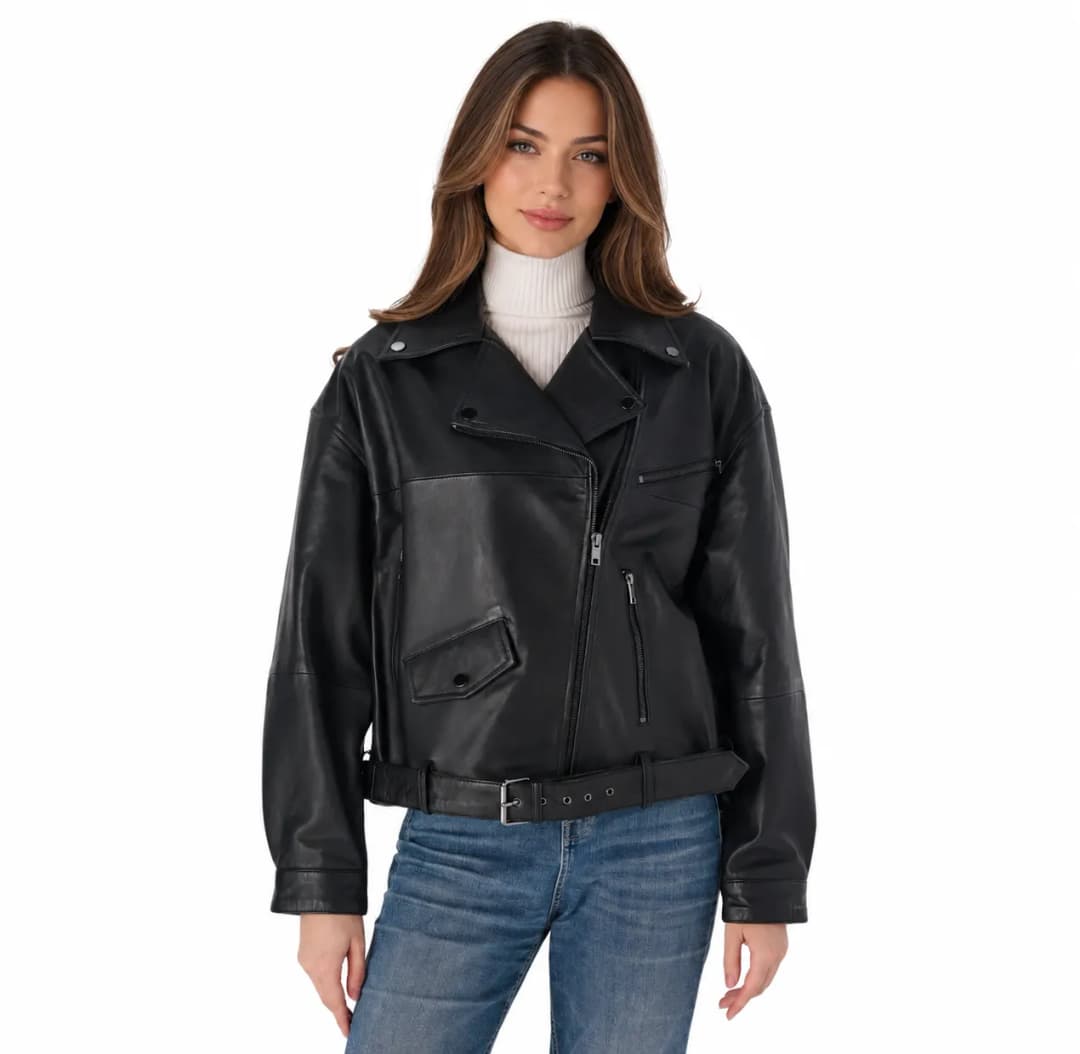 Womens Black Moto Leather Jacket-1