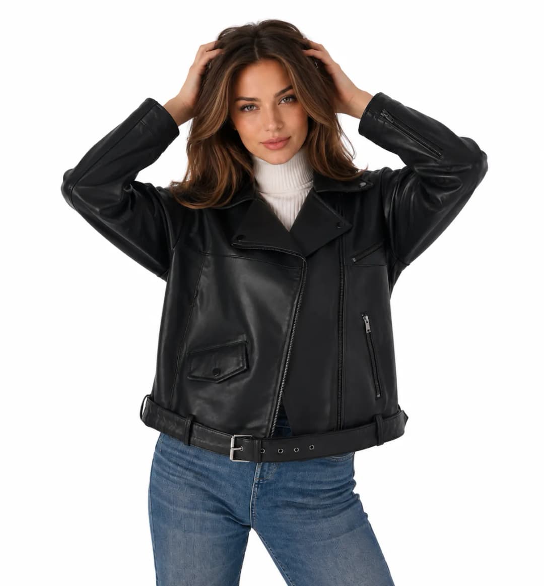 Womens Black Moto Leather Jacket-2