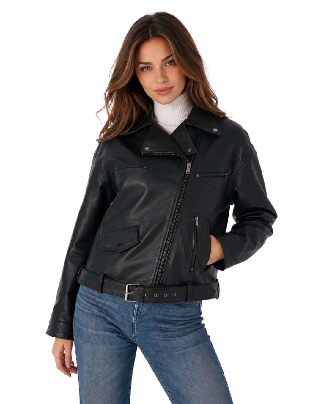 Womens Black Moto Leather Jacket-3