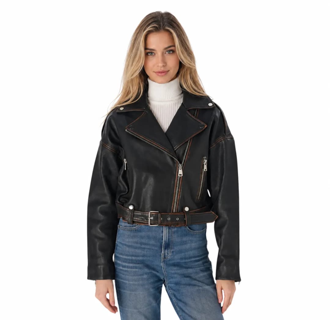 Womens Brown Distressed Leather Cropped Motorcycle Jacket-1