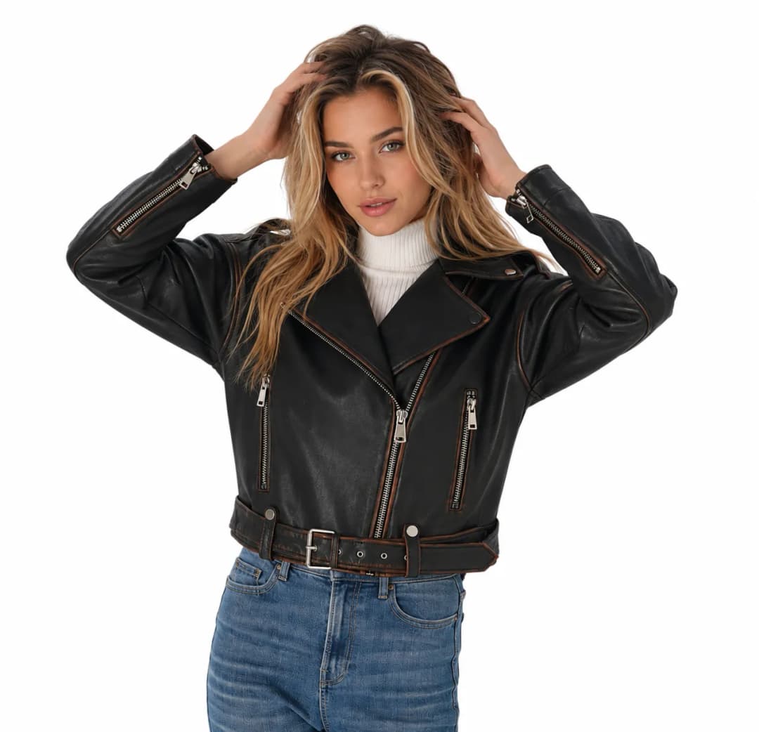 Womens Brown Distressed Leather Cropped Motorcycle Jacket-2