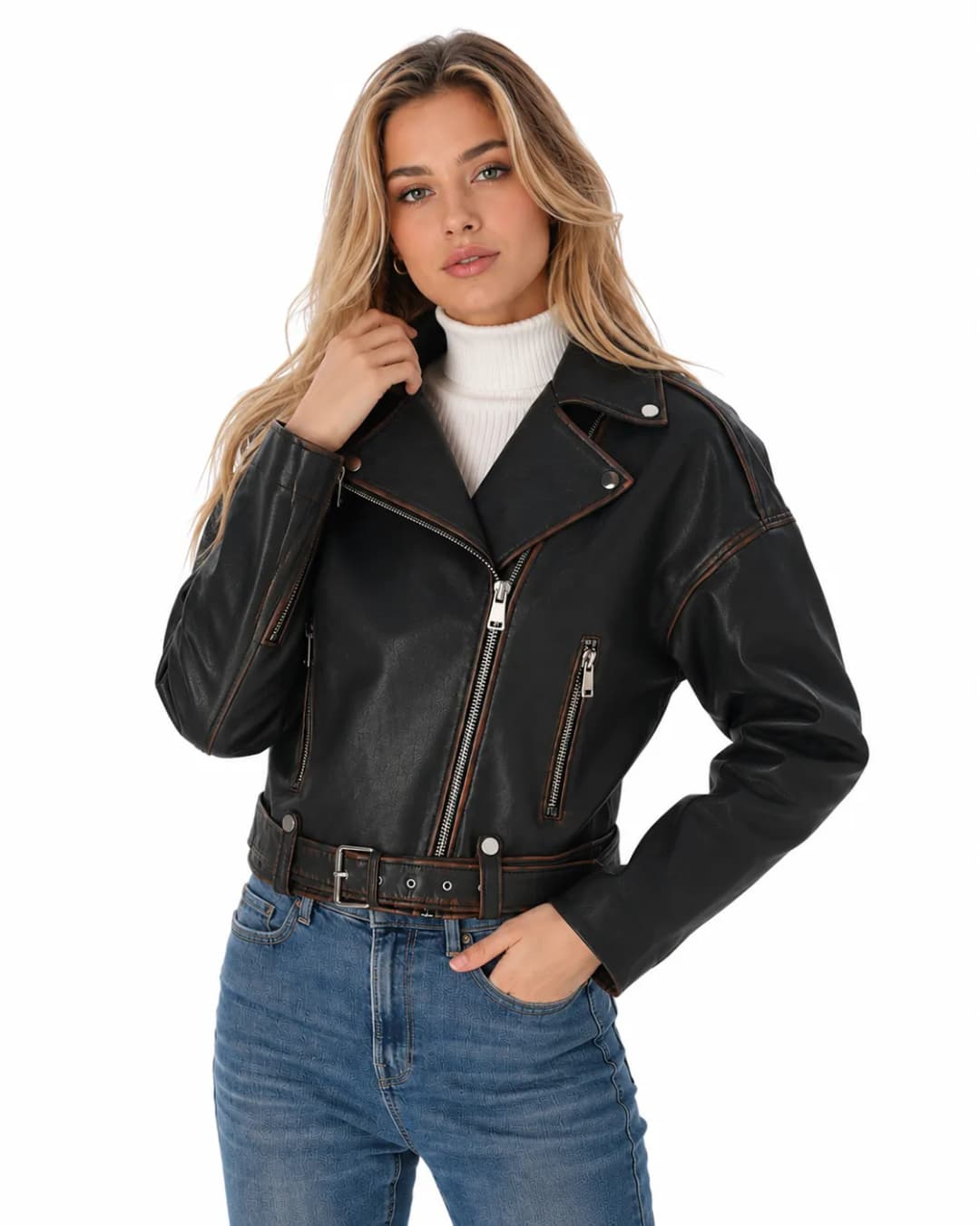 Womens Brown Distressed Leather Cropped Motorcycle Jacket-3