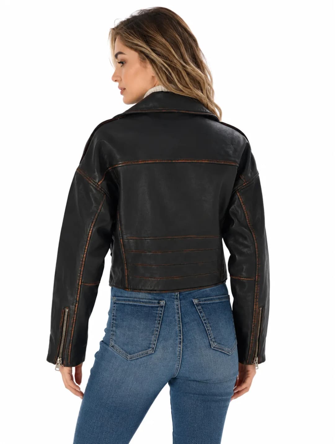 Womens Brown Distressed Leather Cropped Motorcycle Jacket-4