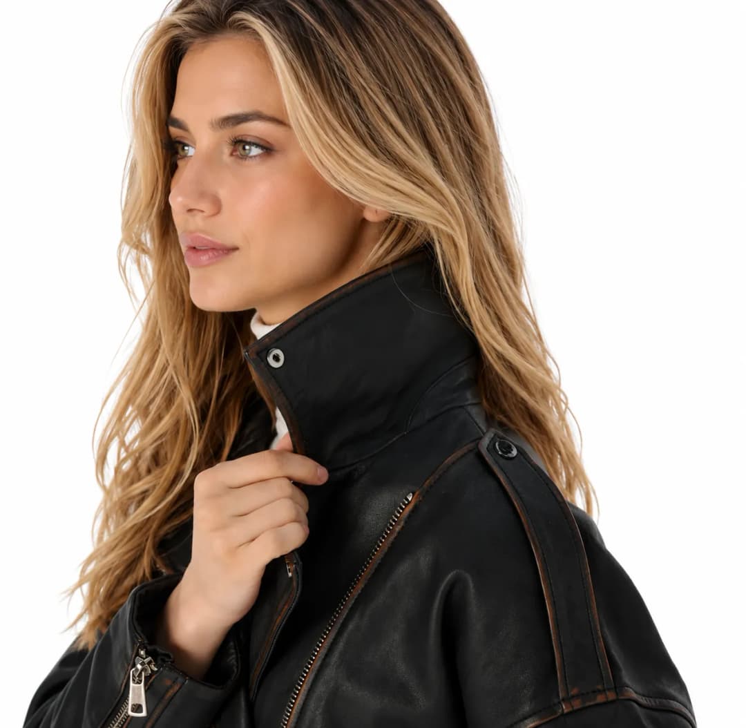Womens Brown Distressed Leather Cropped Motorcycle Jacket-6