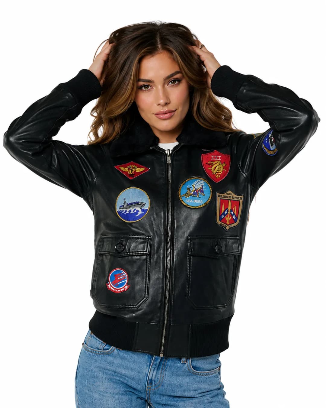 Womens Maverick Black Leather Aviator Jacket With Fur Collar-2