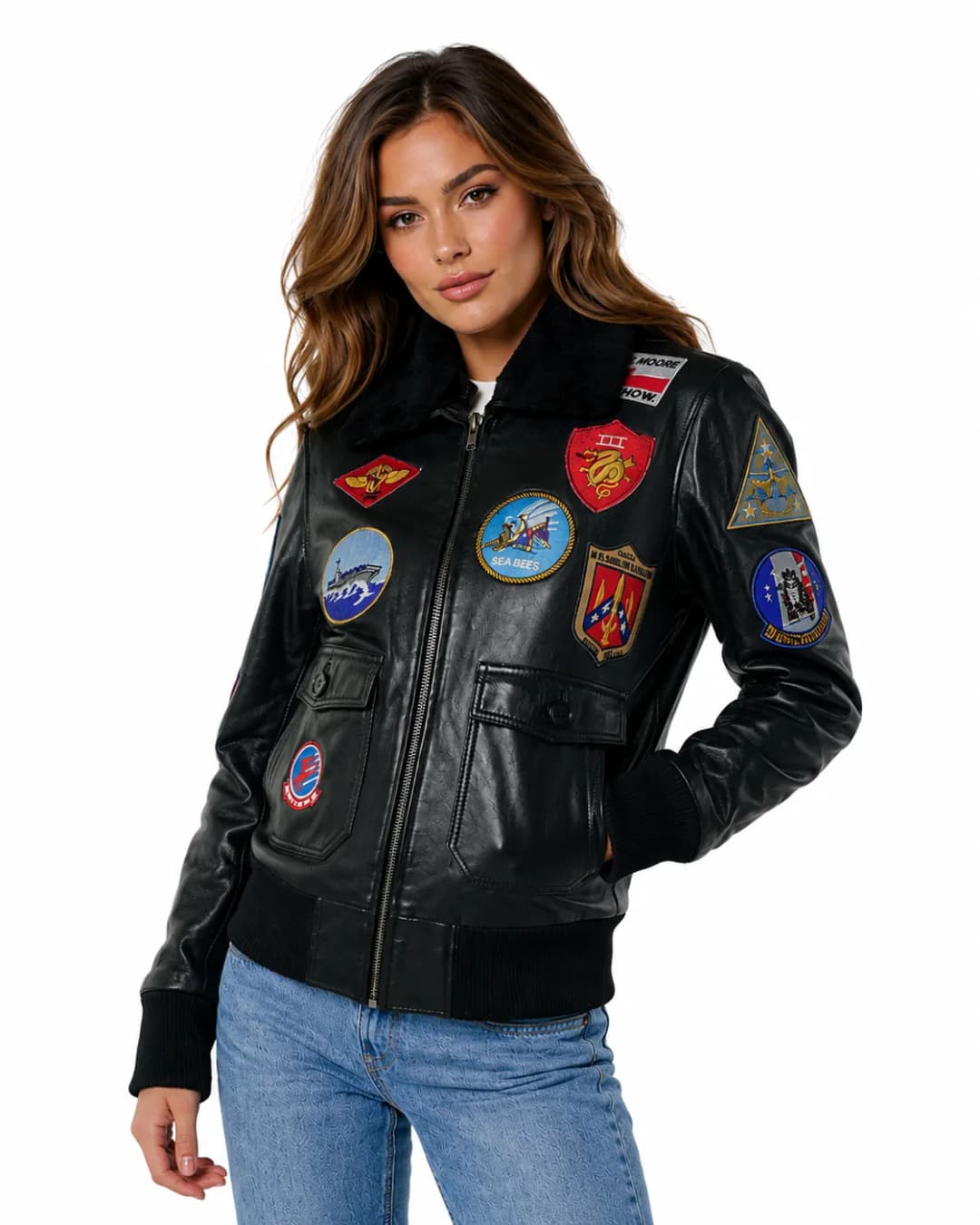 Womens Maverick Black Leather Aviator Jacket With Fur Collar-3