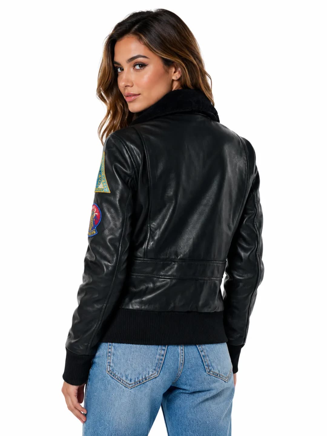 Womens Maverick Black Leather Aviator Jacket With Fur Collar-4