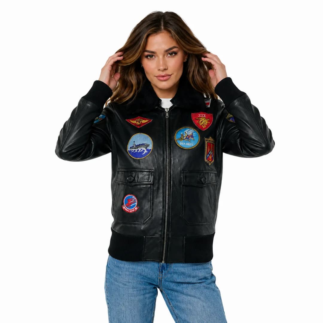 Womens Maverick Black Leather Aviator Jacket With Fur Collar-6