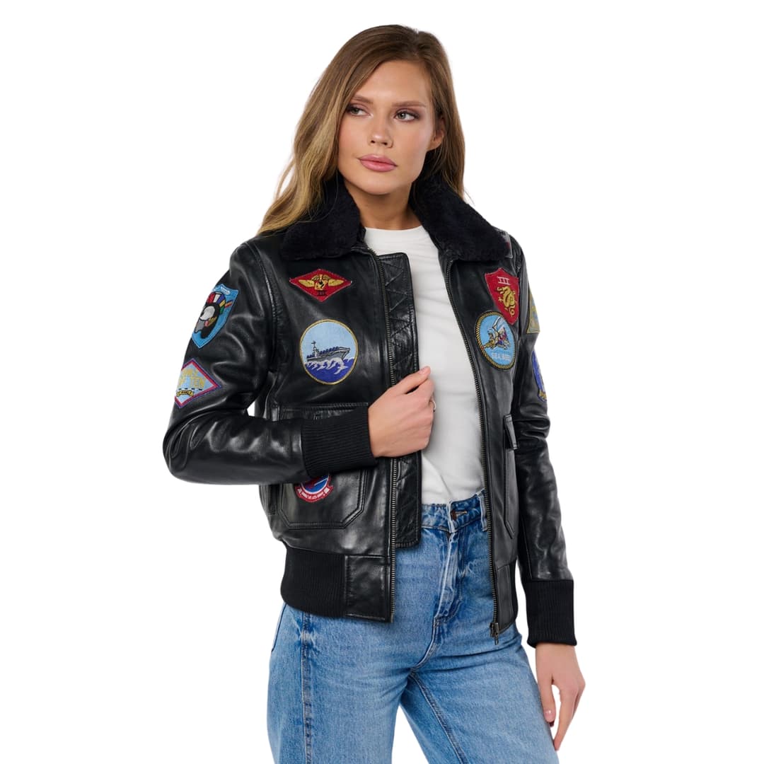 Top Gun Black Leather Pilot Jacket Women With Shearling Collar