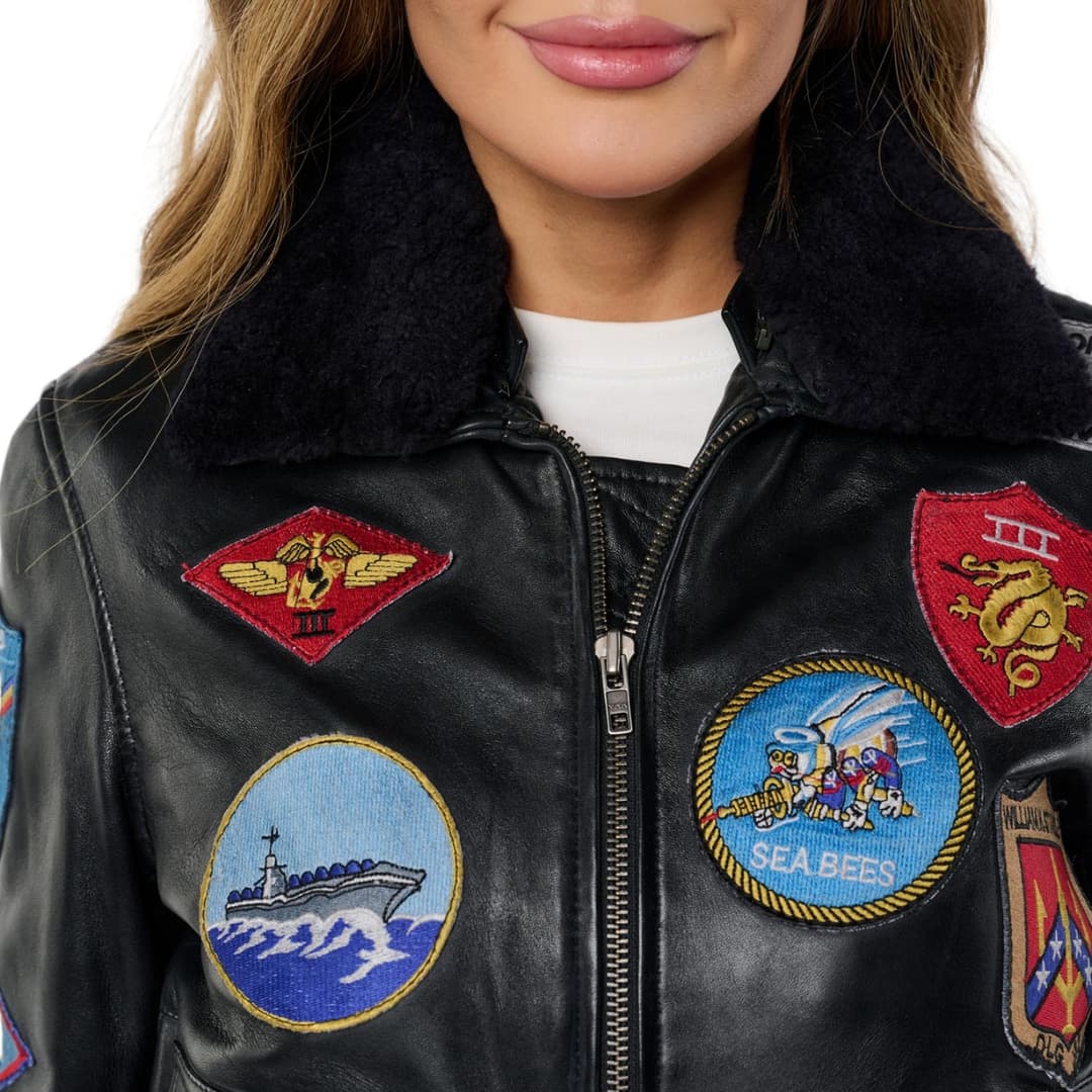maverick black leather aviator jacket women with shearling collar