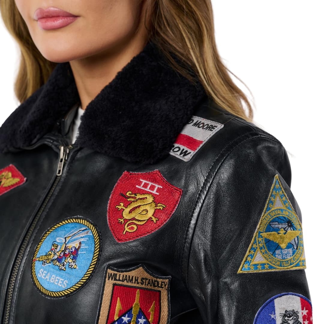 Top Gun Black Leather Pilot Jacket Women With Shearling Collar