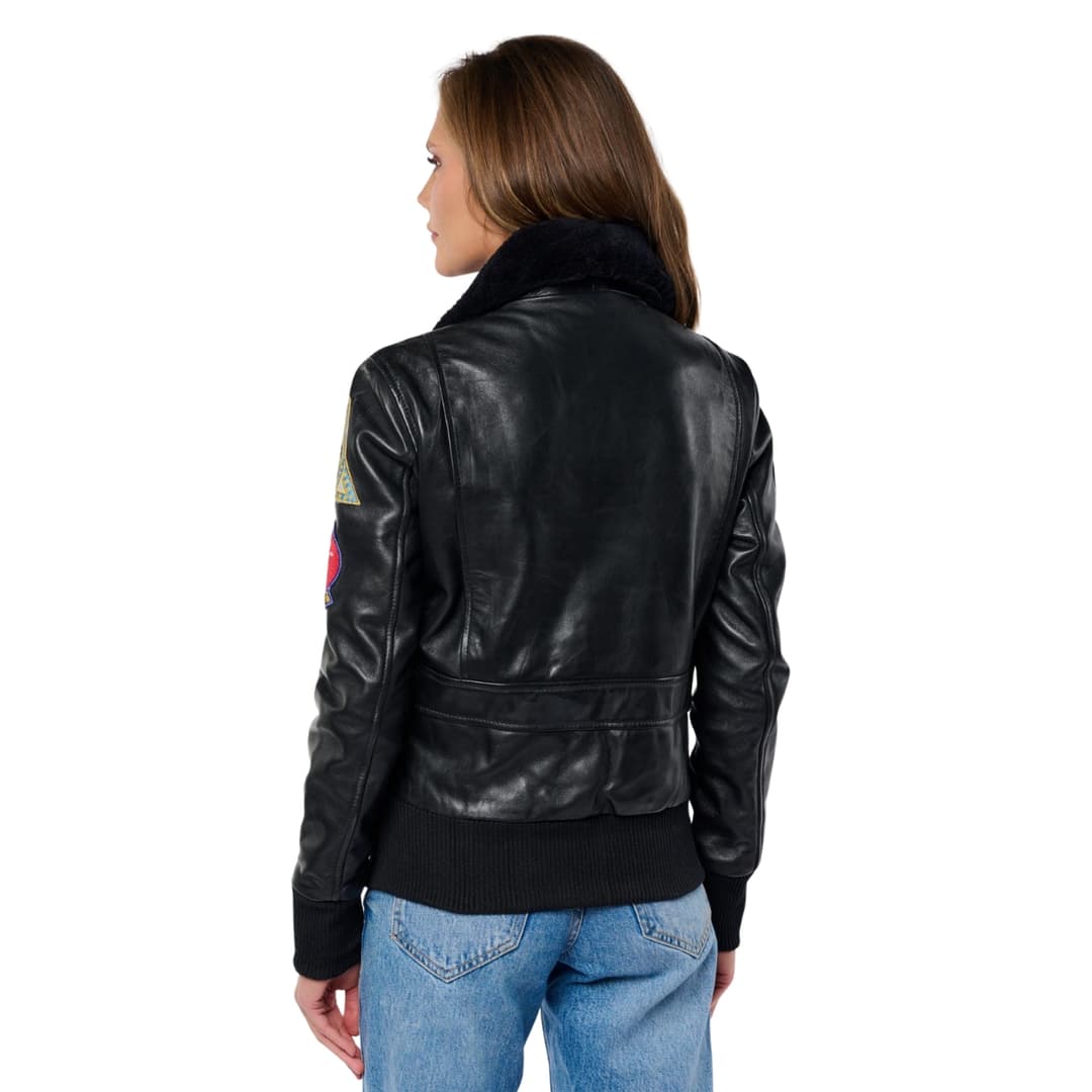 Top Gun Black Leather Pilot Jacket Women With Shearling Collar