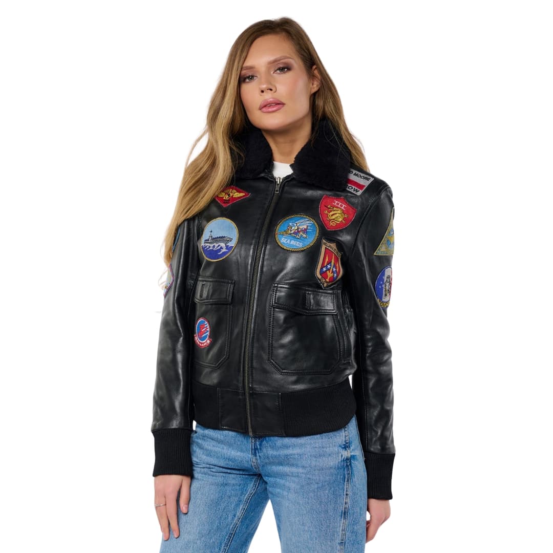 Top Gun Black Leather Pilot Jacket Women With Shearling Collar