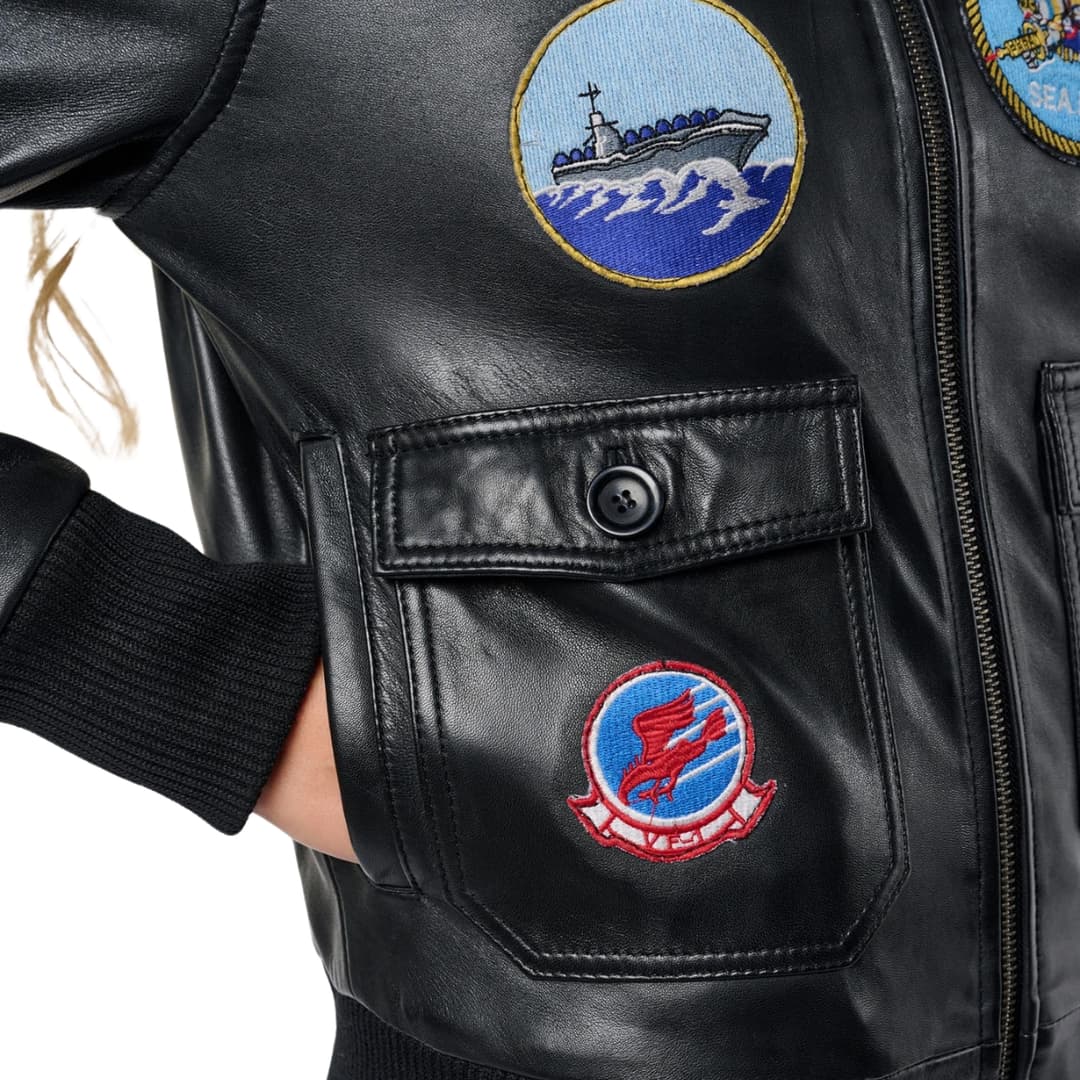 Top Gun Black Leather Pilot Jacket Women With Shearling Collar