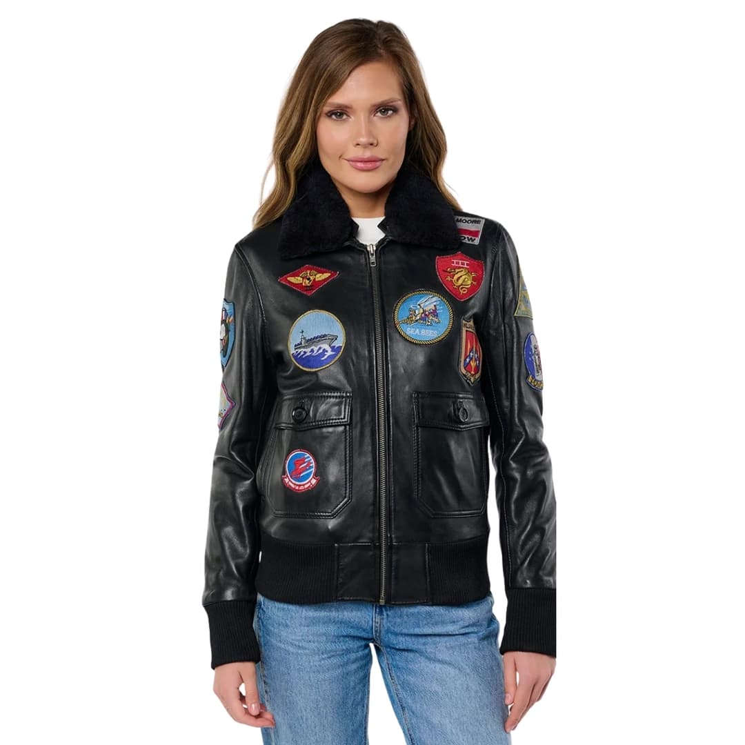 Top Gun Black Leather Pilot Jacket Women With Shearling Collar