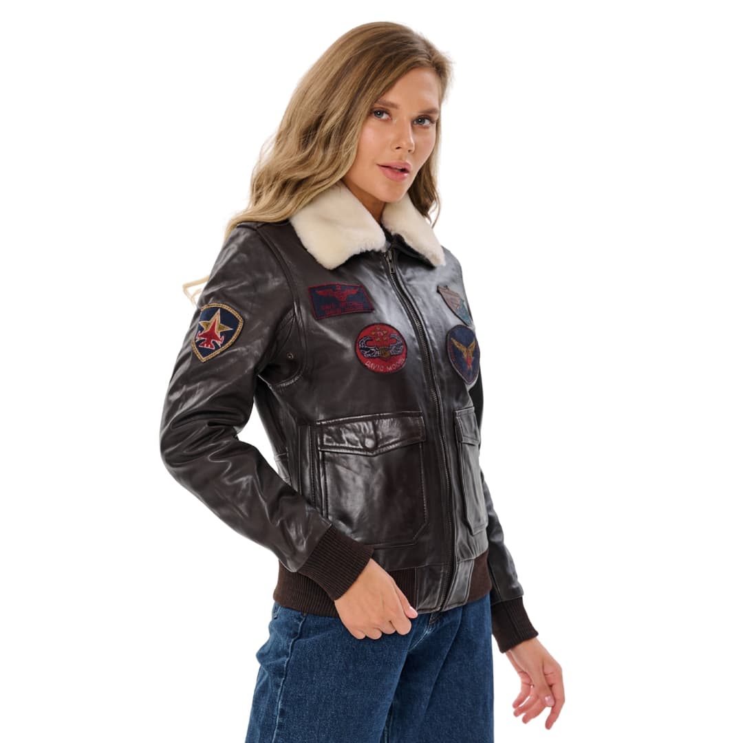 Vintage Brown Women’s Aviator Bomber Jacket With Fur Collar
