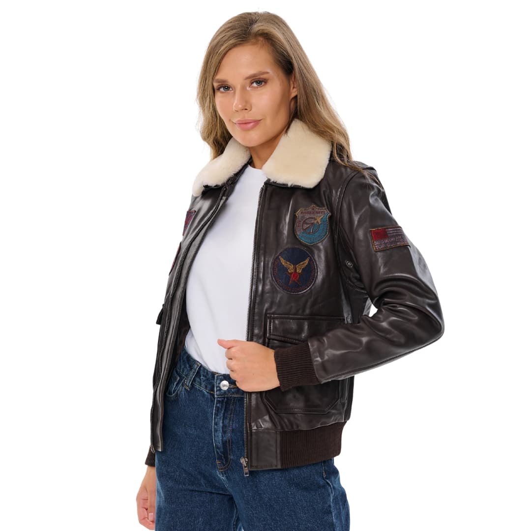 Vintage Brown Women’s Aviator Bomber Jacket With Fur Collar