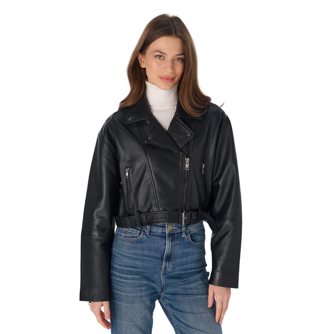 Womens Belted Cropped Black Leather Biker Jacket