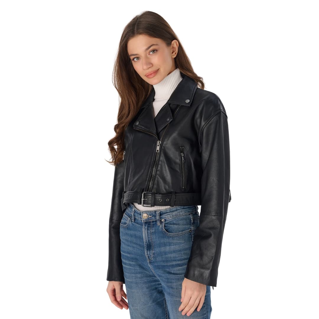 Womens Belted Cropped Black Leather Biker Jacket