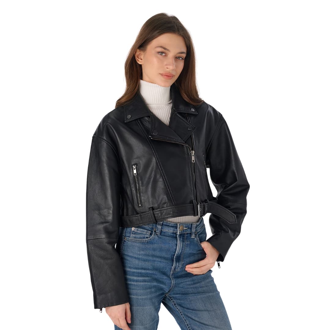 Womens Belted Cropped Black Leather Biker Jacket