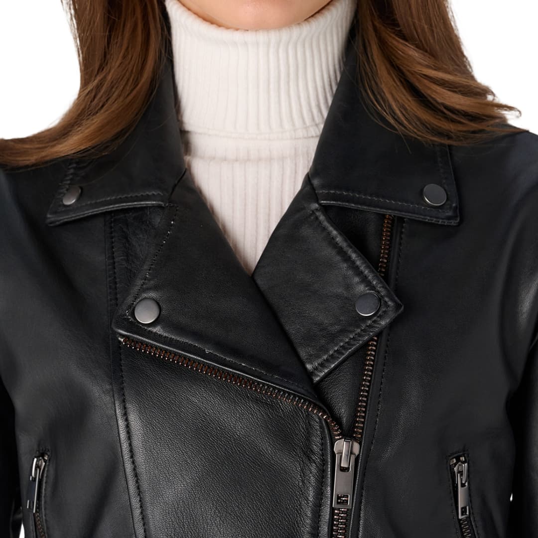 Womens Belted Cropped Black Leather Biker Jacket
