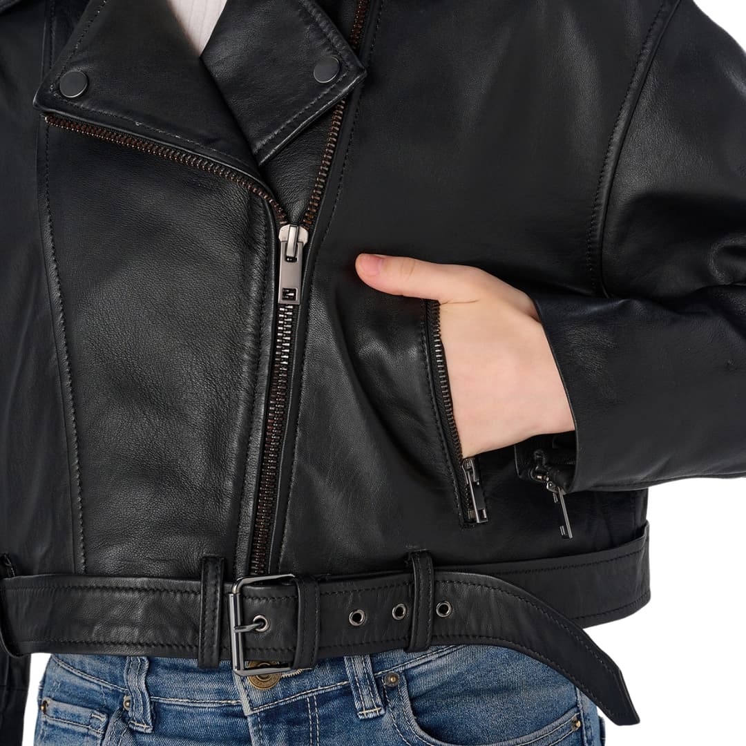Womens Belted Cropped Black Leather Biker Jacket