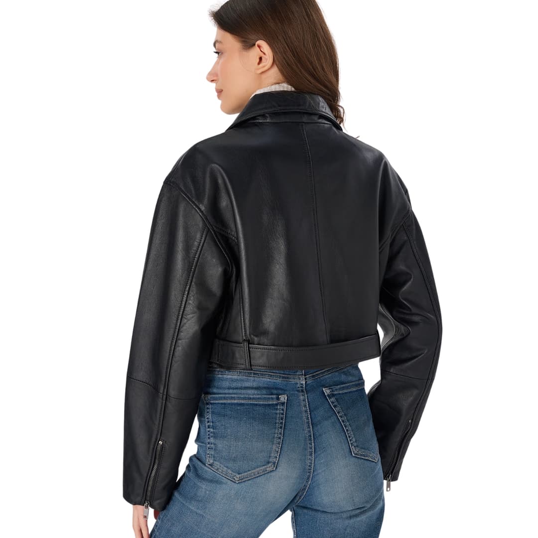Womens Belted Cropped Black Leather Biker Jacket