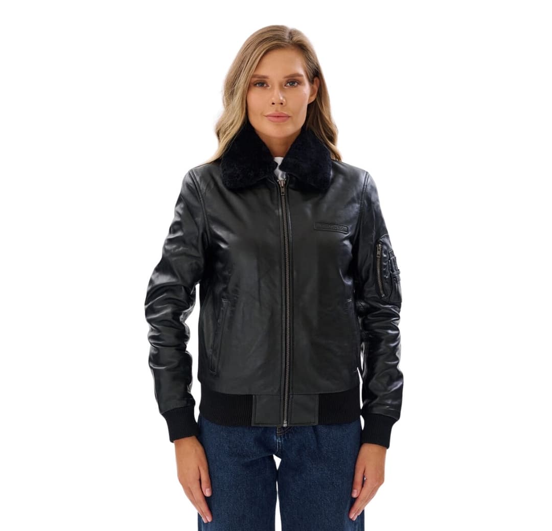Women’s Black Aviator Leather Jacket with Shearling Collar