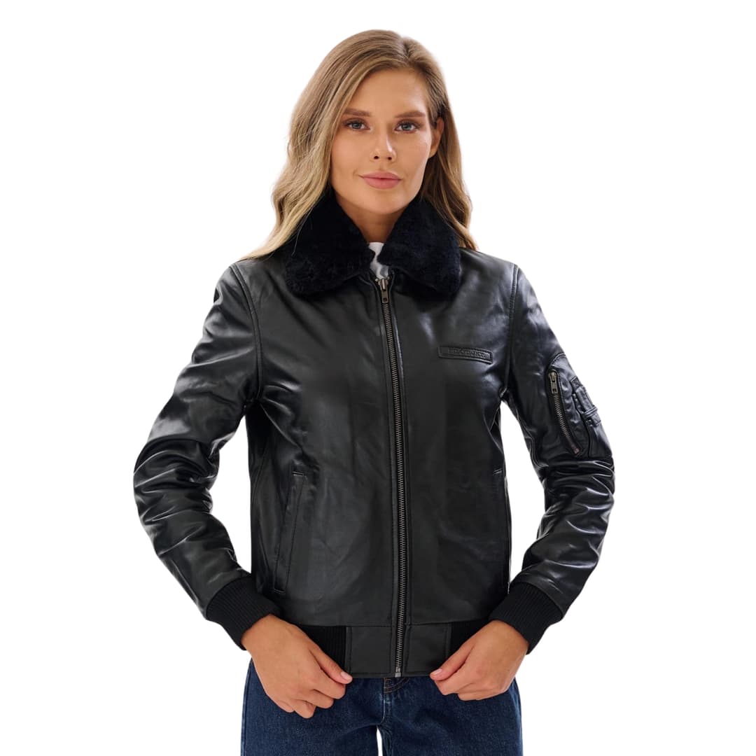 Women’s Black Aviator Leather Jacket with Shearling Collar