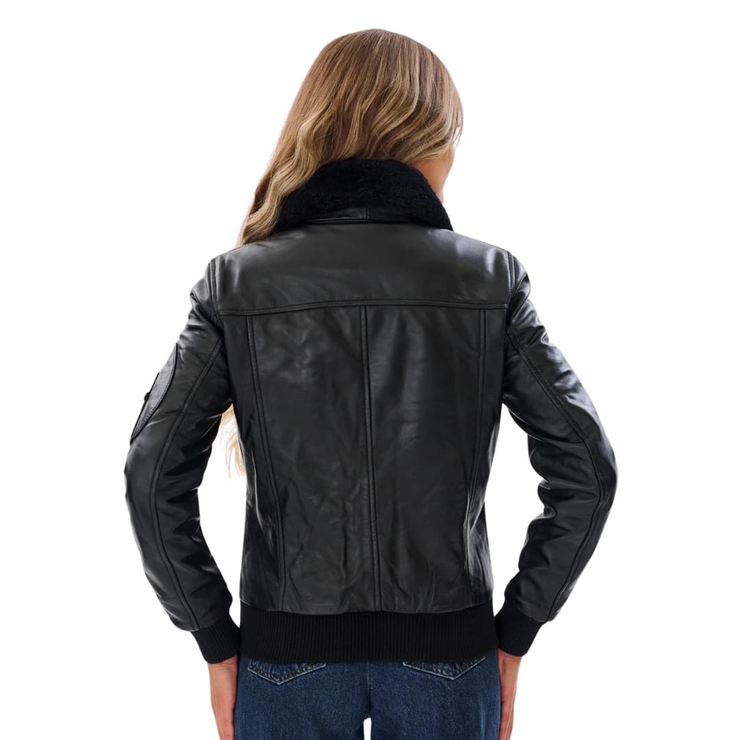 Women’s Black Aviator Leather Jacket with Shearling Collar