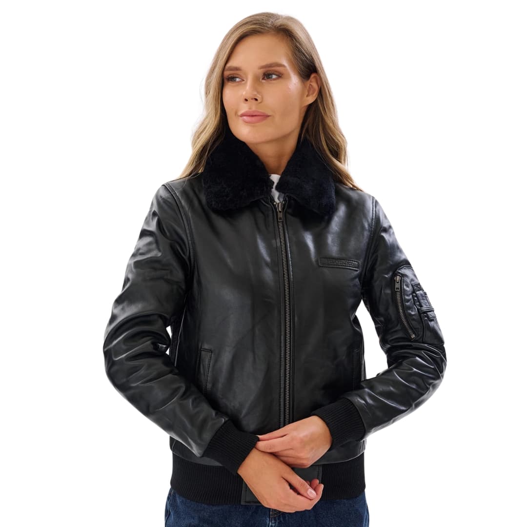 Women’s Black Aviator Leather Jacket with Shearling Collar
