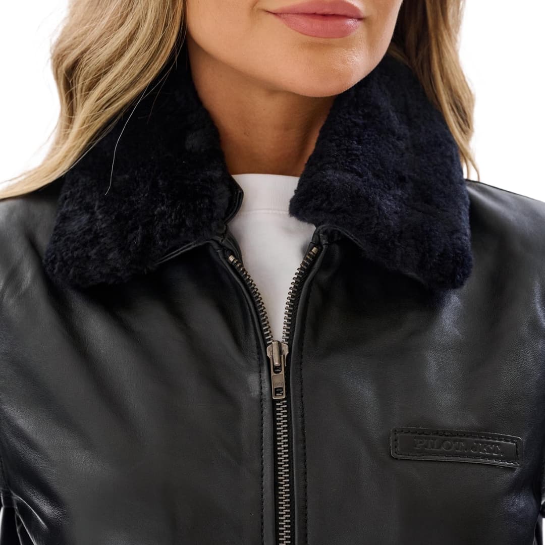 Women’s Black Aviator Leather Jacket with Shearling Collar